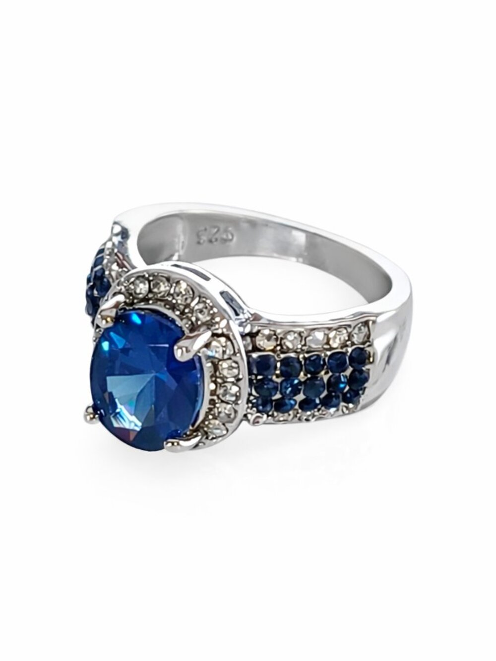 Size 10 Silver Plated Blue Gemstone Halo Ring